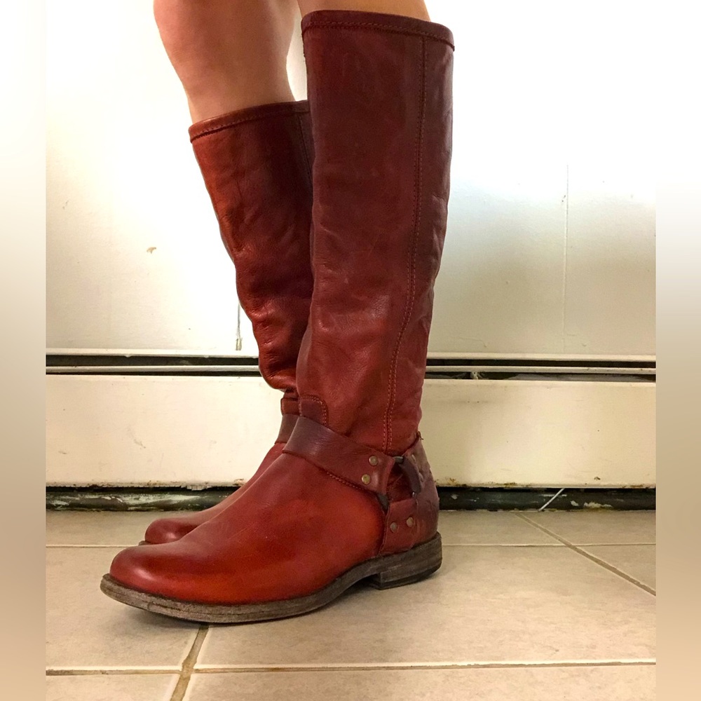 Frye Phillip Harness Tall Knee High Burnt Red Boot - 7 M